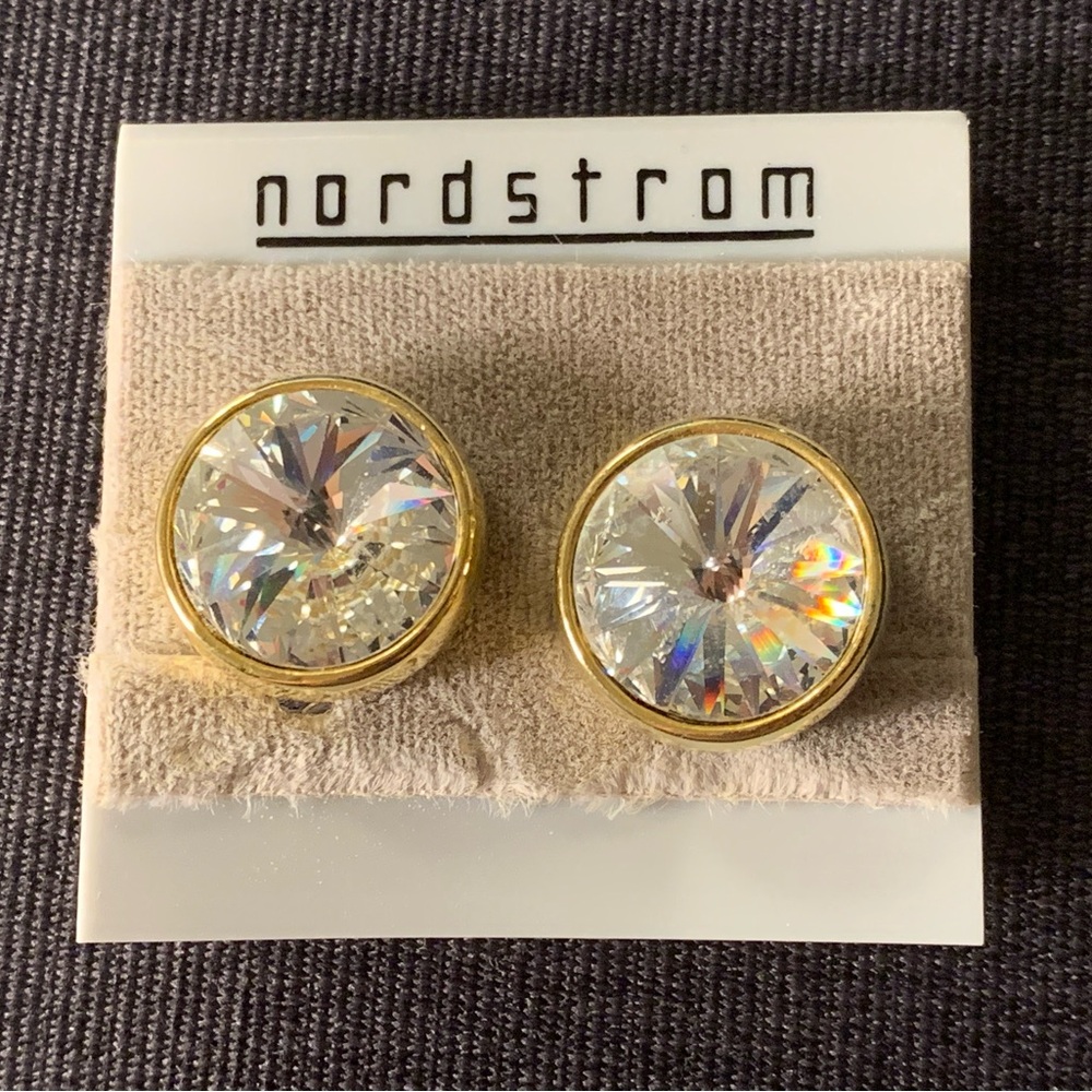 NWT 1980s/90s Nordstrom Clear Rivoli Rhinestone Clip Earring, with original card